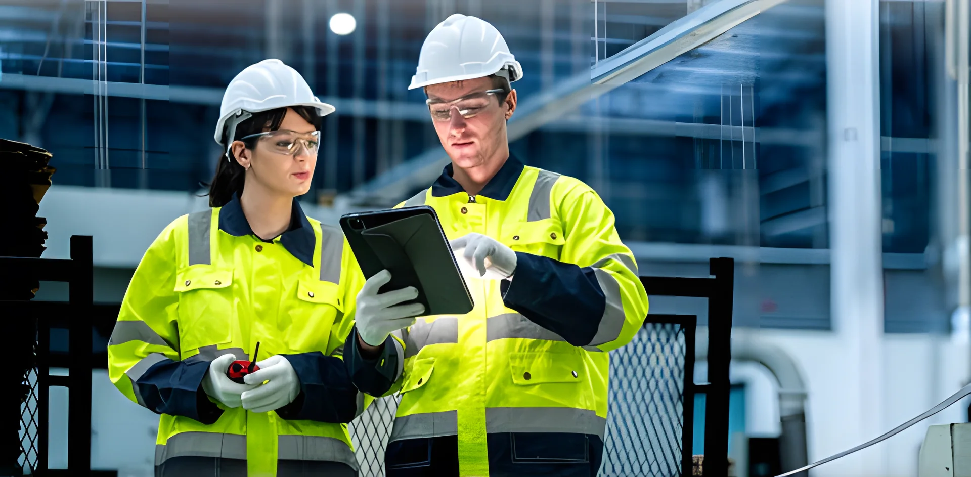 Baretli iki mühendis üretim alanında tablet üzerinde çalışıyor